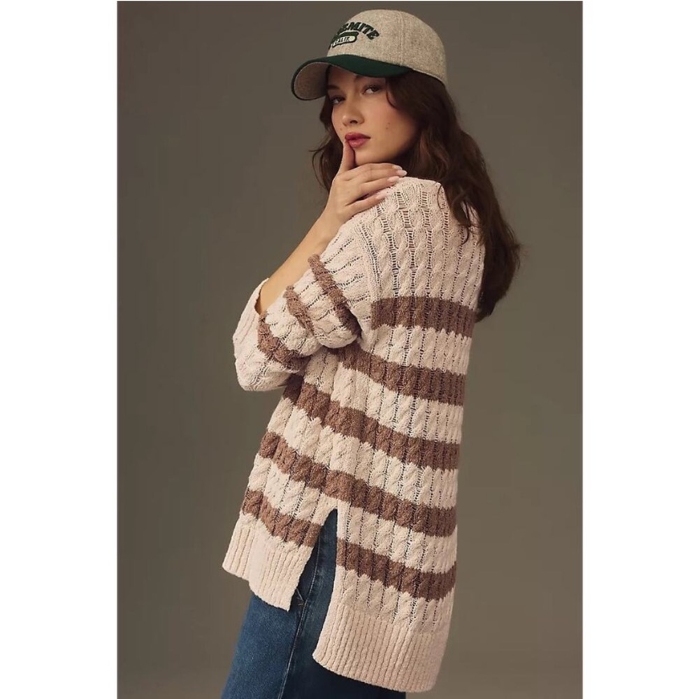 Anthropologie Pilcro Striped Ivory and Brown Women's Sweater Loose Knit Size M